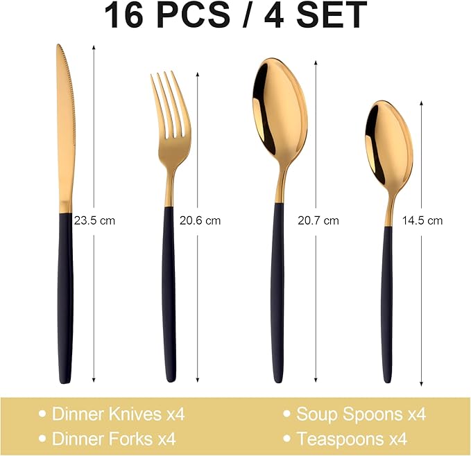 16 Pieces Black and Gold Flatware Set, Silverware Utensils Set Includes Knives, Forks and Spoons, Elegant Tableware Set for 4 Persons, Modern Dinnerware Cutlery for Home, Restaurant, Party