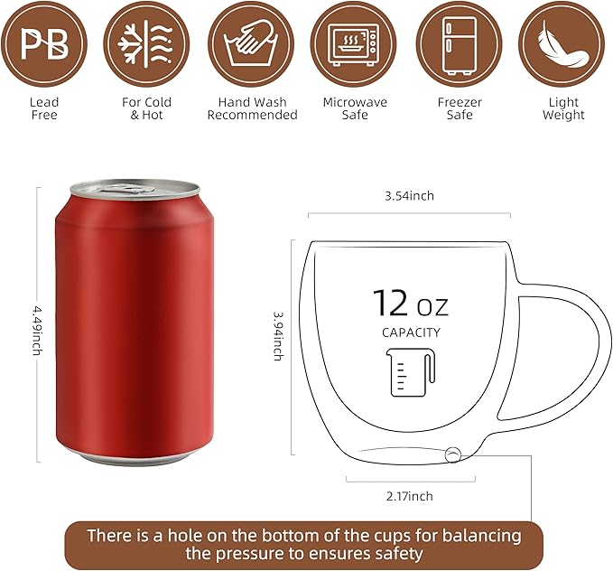 12oz Double Walled Glass Coffee Mugs,Insulated Glass Mugs with Handle,Set of 4