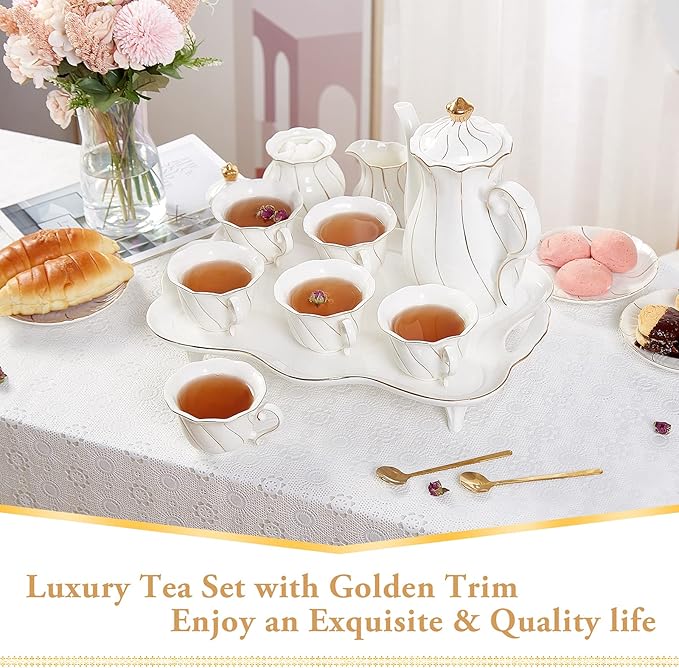 14-Piece Luxury British Style Tea Coffee Set, White Porcelain with Gold Trim, 47 oz Teapot & 7oz Cups with Saucers, Includes 6 Cups 6 Spoons and Tea Tray