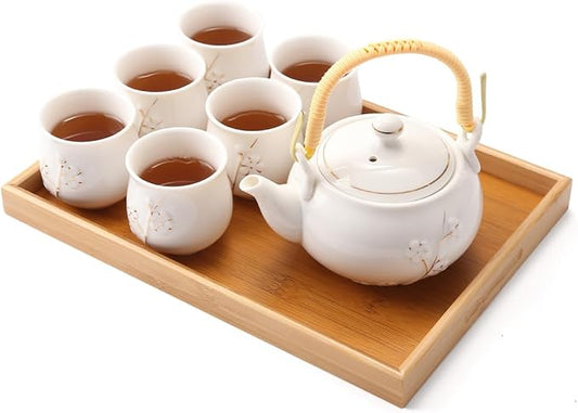 White Porcelain Tea Set with 1 Teapot Set, 6 Tea Cups, 1 Tea Tray, 1 Stainless Infuser, Cute Tea Set for Tea Lover/Women/Men