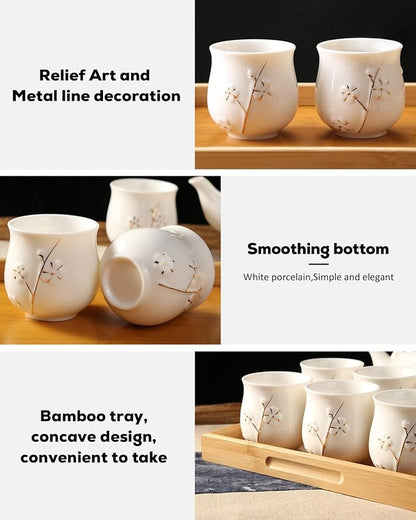 White Porcelain Tea Set with 1 Teapot Set, 6 Tea Cups, 1 Tea Tray, 1 Stainless Infuser, Cute Tea Set for Tea Lover/Women/Men