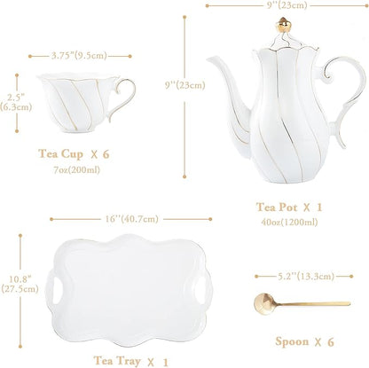 14-Piece Luxury British Style Tea Coffee Set, White Porcelain with Gold Trim, 47 oz Teapot & 7oz Cups with Saucers, Includes 6 Cups 6 Spoons and Tea Tray