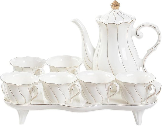 14-Piece Luxury British Style Tea Coffee Set, White Porcelain with Gold Trim, 47 oz Teapot & 7oz Cups with Saucers, Includes 6 Cups 6 Spoons and Tea Tray
