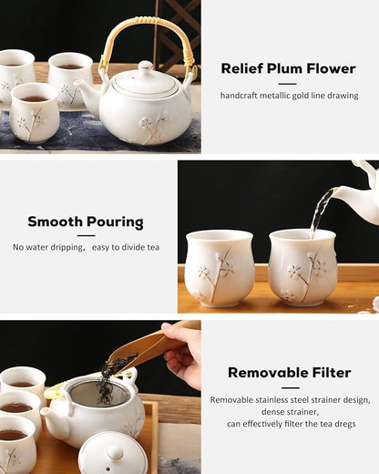 White Porcelain Tea Set with 1 Teapot Set, 6 Tea Cups, 1 Tea Tray, 1 Stainless Infuser, Cute Tea Set for Tea Lover/Women/Men