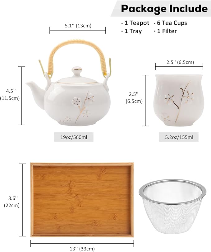 White Porcelain Tea Set with 1 Teapot Set, 6 Tea Cups, 1 Tea Tray, 1 Stainless Infuser, Cute Tea Set for Tea Lover/Women/Men