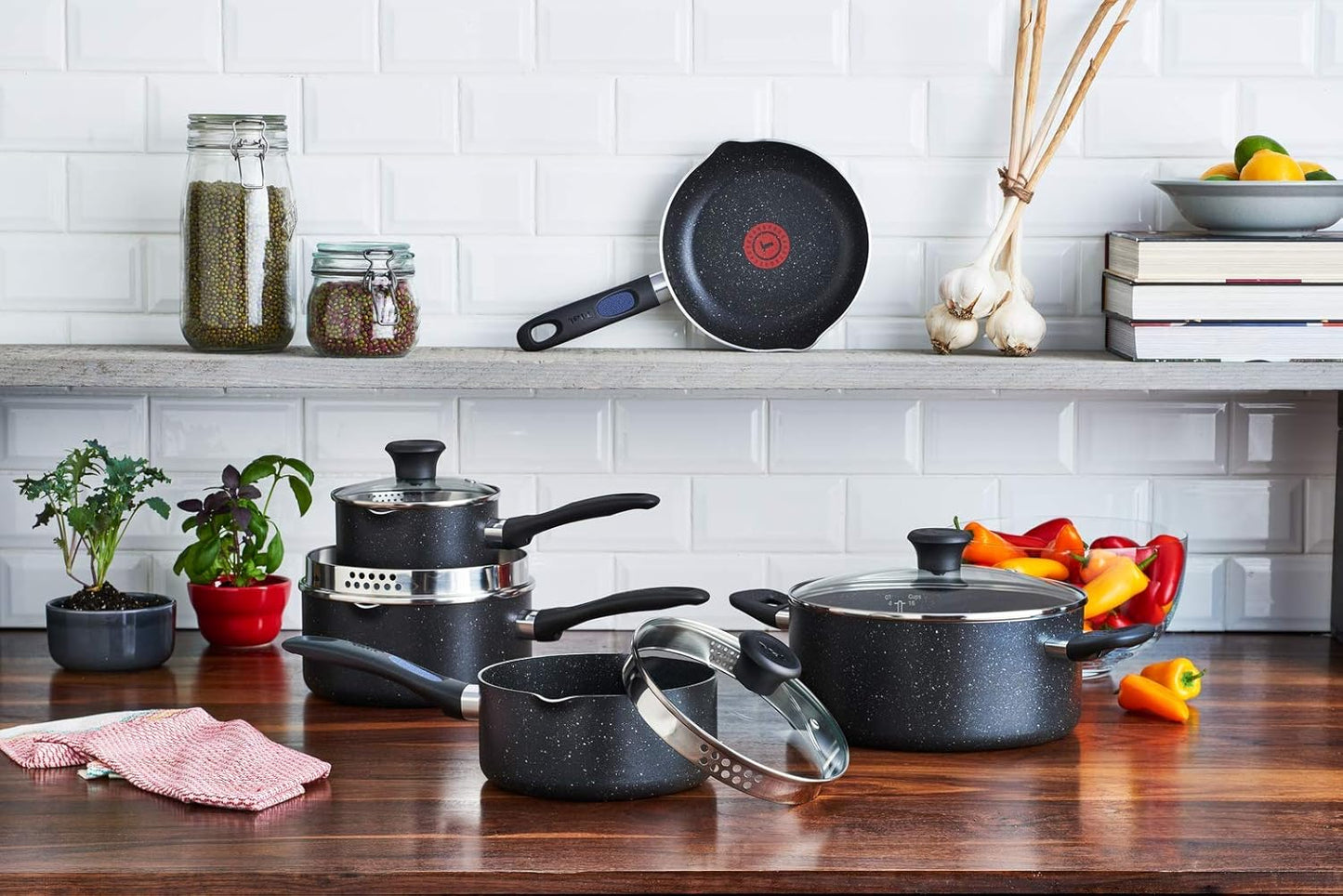 9-Piece Nonstick Cookware Set, Pots and Pans with Thermo-Spot Heat Indicator, Dishwasher Safe, Black