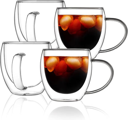 12oz Double Walled Glass Coffee Mugs,Insulated Glass Mugs with Handle,Set of 4