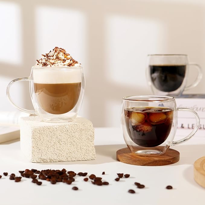 12oz Double Walled Glass Coffee Mugs,Insulated Glass Mugs with Handle,Set of 4